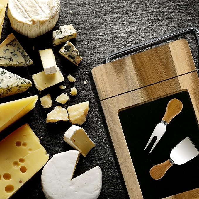 NutriChef Slicing Bamboo Cheese Board Platter - 4 Stainless Steel Knives and Magnet Holder - Modern Wood Snack Serving Tray w/ Stone Slate Slab - Slicer Blade for Cutting - NutriChef PKCZBD50