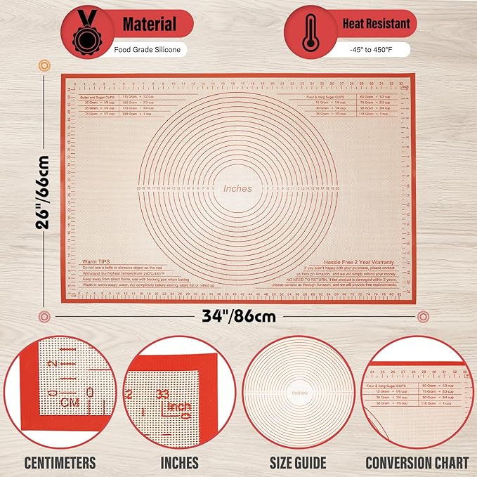 Silicone Pastry Mat 34x26 Inch Nonstick Baking Mat -Perfect for Dough, Pastry, Dough Rolling, Kneading Board, Pie Crust, Fondant, Pasta/Pizza, Kitchen Counter Mat