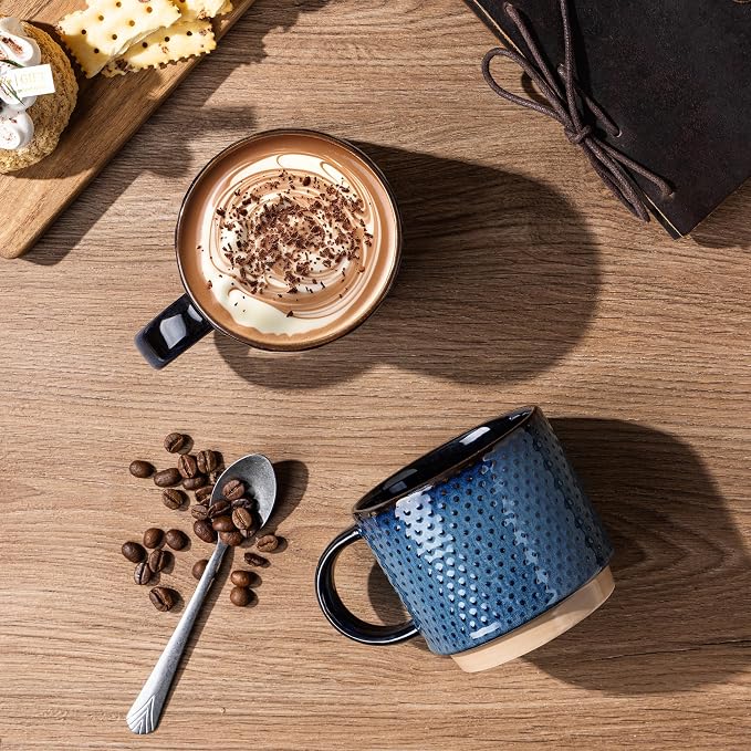 GBhome 12 OZ Stackable Coffee Mugs Set of 6, Ceramic Coffee Cups with Texture Patterns for Man,Woman,Dad,Mom, Modern Coffee Cups for Latte/Cappuccino/Cocoa. Dishwasher&Microwave Safe
