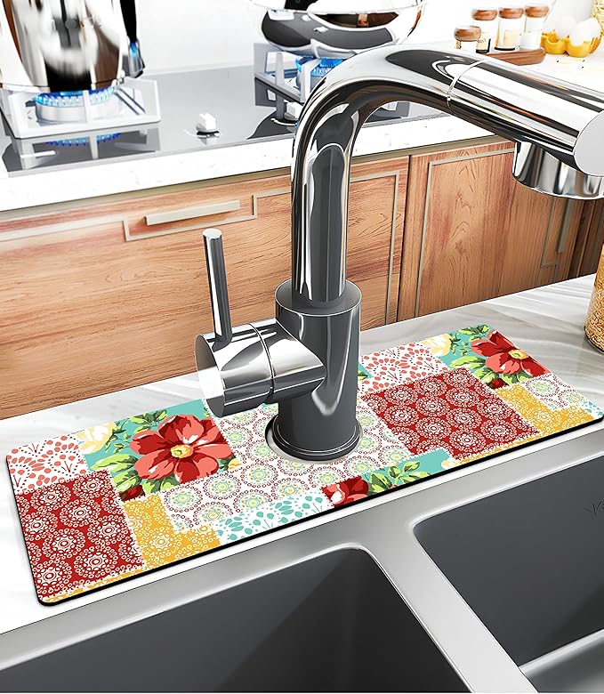 Kitchen Sink Splash Guard Faucet Mat Super Absorbent Fast Drying Mat Sink Gadgets Splash Guard Behind Faucet Drip Catcher for Kitchen (Boho Trellis, 15x5.5in)