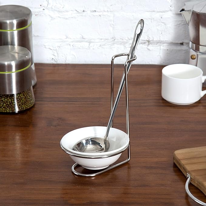 MyGift White Ceramic Ladle Holder Spoon Rest, Upright Single Cooking Utensil Holder, Vertical Drip Catcher Dish with Stainless Steel Stand for Kitchen Counter