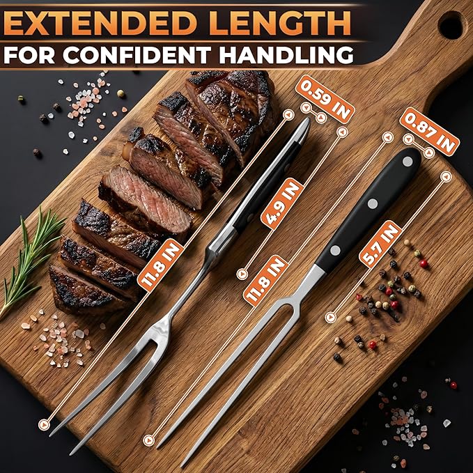 2 Pcs Carving Fork for Meat – 12 Inch Stainless Steel Meat Forks for Kitchen, Heat-Resistant Non-Slip Handles – Two-Prong Straight & Curved BBQ Fork for Slicing, Grilling & Serving