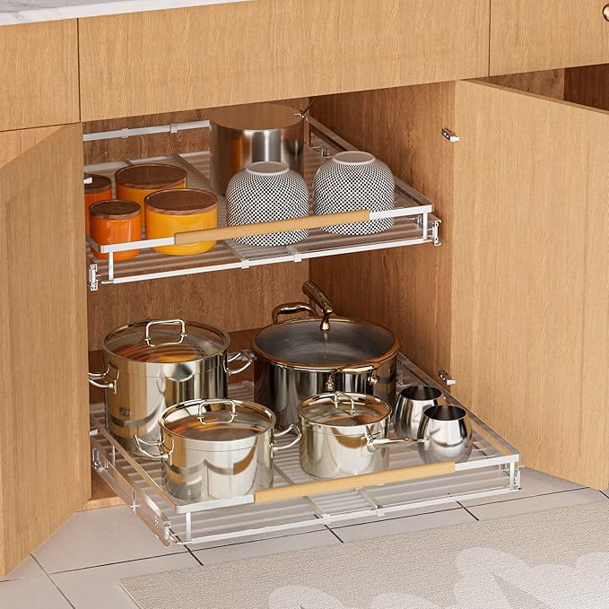 SANNO Expandable Pull Out Cabinet Organizer Kitchen Sliding Shelf Under Sink Shelf, Over The Sink Expandable Dish Drying Rack, Dish Drainer, Stainless Steel Dish Drainer Rack for Dishes Storage