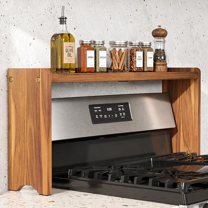BLUEWEST Wood Over The Stove Spice Shelf for Kitchen Storage, 31.5" Solid Acacia Wood Stove Top Spice Rack Organizer, 12.2" Height, Water-Resistant, No Drilling, Easy to Assemble Kitchen Storage