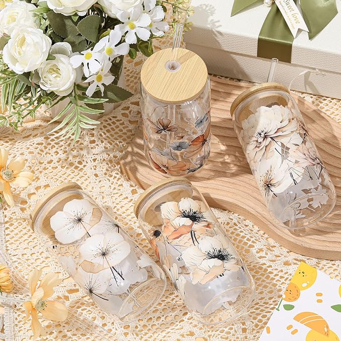 Mumufy 4 Pack Wildflower Glass Cups Gift Aesthetic Cute Glass Cup Tumbler Flower Iced Coffee Mugs 16 oz with Bamboo Lid & Straw, for Wedding Birthday Bridesmaid Mom Baby Shower
