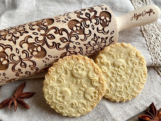 SKULL WREATH Embossing Rolling Pin with SKULLS, Spooky, Death's-head, Halloween Sugar. Laser Engraved Dough Roller for Embossing Homemade Halloween Cookies by Algis Crafts