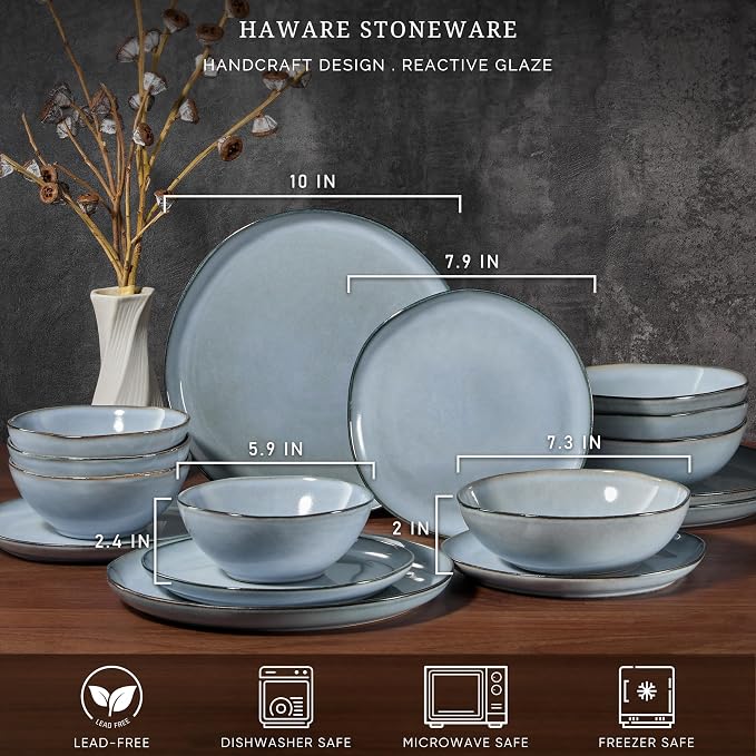 HaWare Plates and Bowls Set, Stoneware Dinnerware Sets, 16-Piece Hand-painted Dishware for 4, Ceramic Dish Set for Home Kitchen, Scratch Resistant, Microwave and Dishwasher Safe, Reactive Foggy Blue