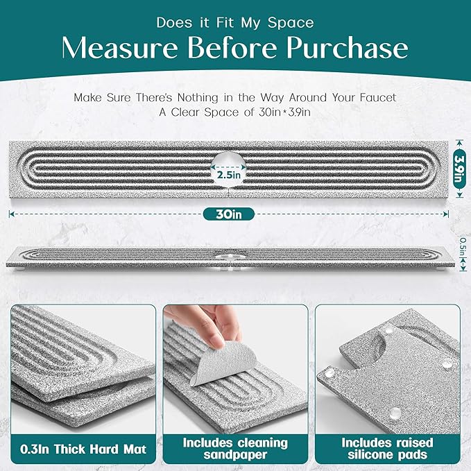 Stone Faucet Mat for Kitchen Sink, Diatomite Stone Drying Mat for Kitchen Counter, 2026 Upgraded Dishwasher-Safe & Ultra Absorbent, Chemical-Free Stone Dish Mat for Bottles Utensils (30" x 3.9")
