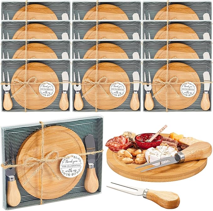 Maxcheck 12 Sets Baby Shower Bridal Game Prizes for Winners Round Cheese Board Set Wood Mini Charcuterie Board with Knives and Forks Thank You Card with Gift Box for Guests Wedding (Bamboo)