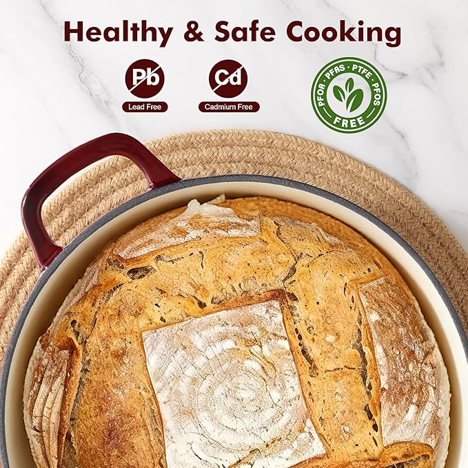 SENSARTE Enameled Cast Iron Dutch Oven Pot with Lid 3.5/5.5/6.5 Quart Heavy-Duty Round Dual Handles Kitchen Pot with Cotton Potholders & Silicone Trivet, Pot for Bread Baking, Stews, Braising, Roasting, Oven Safe, 5.5 Quart, Red