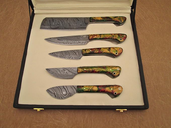 5 pieces Damascus steel kitchen knife set with gift box, Camouflage scale, Overall 45 inches Length of Damascus sharp knives (10.6+9.6+9.0+8.0+7.6) Inches, includes a gift box (Camouflage Orange)