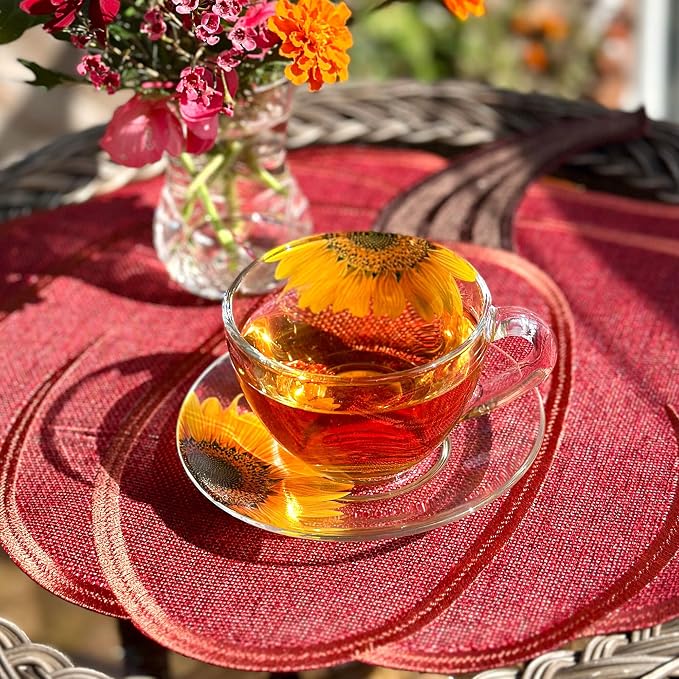 STP GOODS Sunflowers Glass Tea Cup and Saucer Set of 2 Glass Teacups 6.8 fl oz (200 ml) Cups with Matching Saucers for Two, Tea Coffee Set for 2, Coffee Cups, Dishwasher and Microwave safe