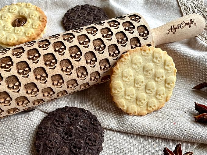 SKULL Rolling Pin. Embossing rolling pin with SKULL PATTERN Embossed skull cookies for HALLOWEEN. Wooden Laser Cut Rolling Pin for Halloween cookies, play dough, salt dough by Algis Crafts