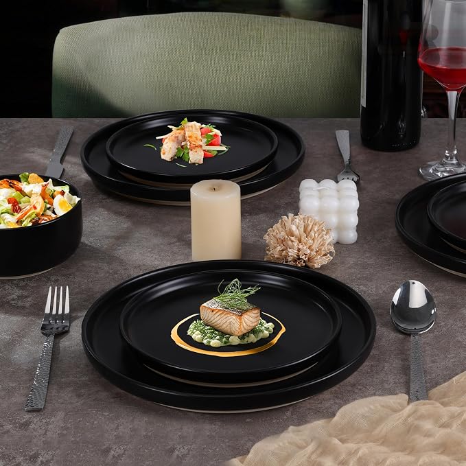 LIANYU Plates and Bowls Sets for 2, 6 Piece Stoneware Dinnerware Set, Porcelain Dishware for Kitchen and Dining, Microwave Oven Dishwasher Safe, High temperature & Scratch Resistant, Matte Black