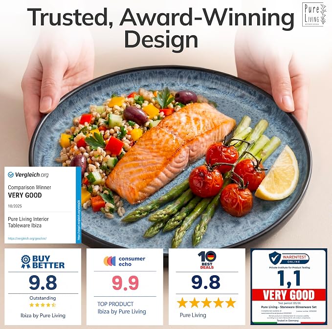 24 Piece Stoneware Dinnerware Set for 6 - Handmade Reactive Glaze Plates and Bowls Set - Chip & Scratch Resistant Dish Set - Dishwasher Microwave Safe - Dark Smoke Blue