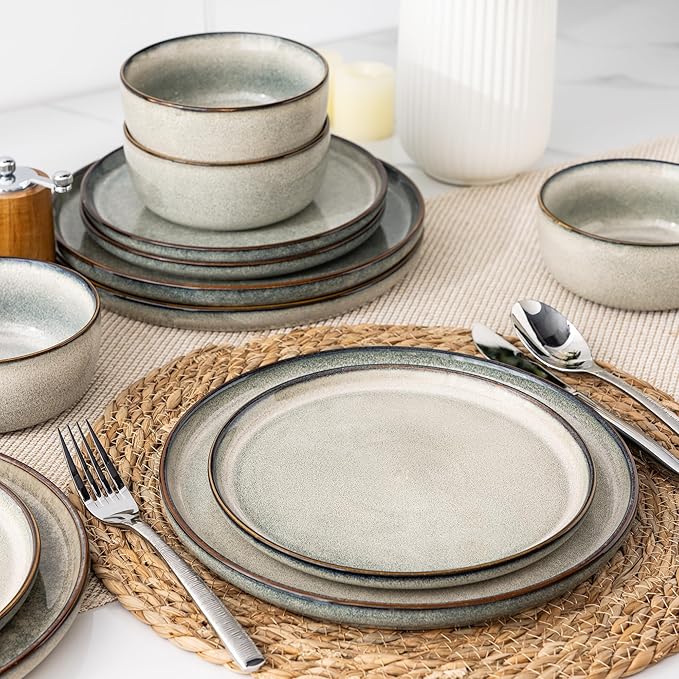 GBHOME 24 Pieces Double Bowls Ceramic Dinnerware Sets for 6, Stoneware Plates and Bowls Set with Reactive Glaze, Scratch Resistant Stoneware Dishes Set, Dishwasher & Microwave Safe
