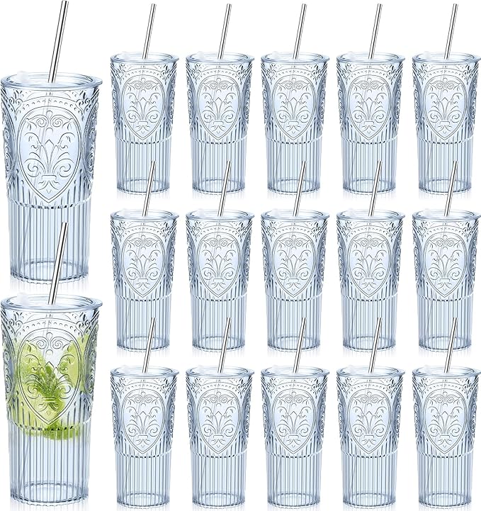 16 Set 20oz Vintage Plastic Tumbler with Lids and Straws Ribbed Floral Drinking Glasses Reusable Iced Coffee Cups for Water Juice Smoothie Cocktail Travel Party Events Gift (Blue)