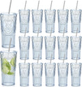 16 Set 20oz Vintage Plastic Tumbler with Lids and Straws Ribbed Floral Drinking Glasses Reusable Iced Coffee Cups for Water Juice Smoothie Cocktail Travel Party Events Gift (Blue)