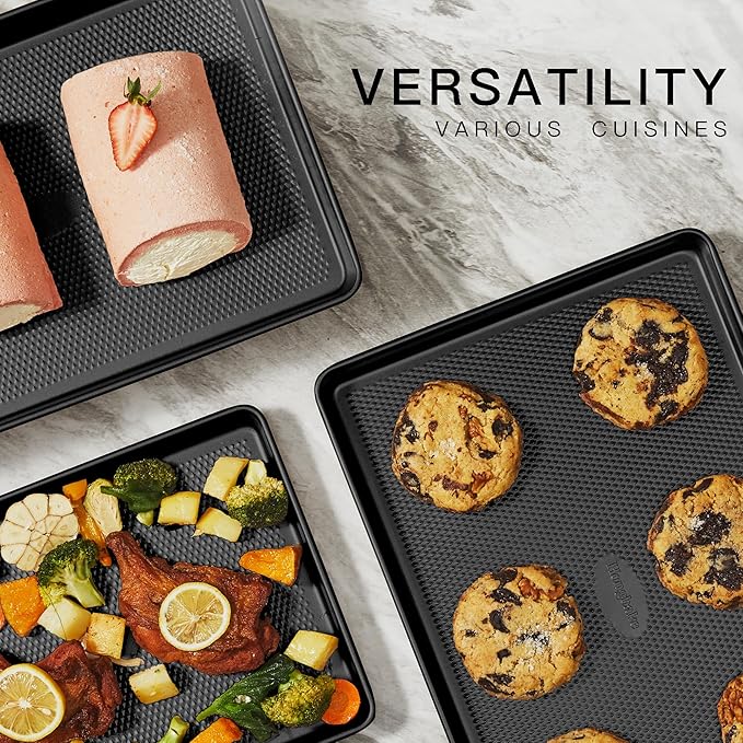 HONGBAKE Jelly Roll Pan 15x10, Cookie Sheets for Baking with Diamond Texture, Baking Sheets Non Stick, Non Toxic Oven Trays for Cooking, Heavy Duty 57% Thicker Carbon Steel, Dark Gray