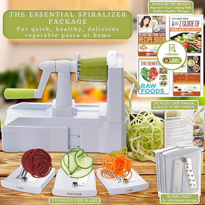 Brieftons 5-Blade Vegetable Spiralizer: Best Zucchini Spiral Slicer & Veggie Noodle Maker, Japanese Steel Blades, Strong Suction Cup, Blade Caddy, 4 Recipe eBooks | Low Carb, Vegan, Paleo, Gluten-Free