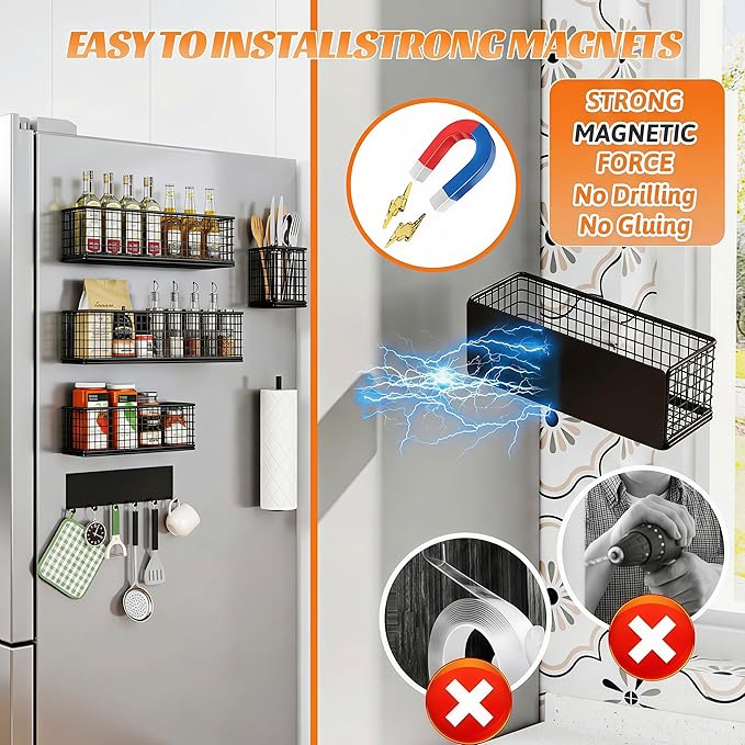 Magnetic Spice Rack Refrigerator,Include Paper Towel Holder And Hooks, For Traeger Grills Of Washing Machine Side (Black, 6-Pack)