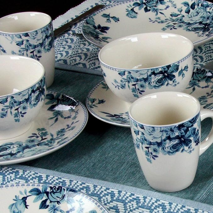 Elama Traditional Blue Rose 16 Piece Service for 4 Stoneware Dinnerware Set