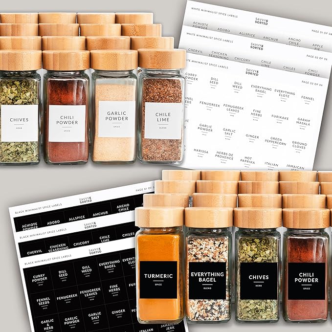 SAVVY & SORTED Glass Spice Jars with Label, 24PK Bamboo Jar Spices Set 4oz, 374 Spice Labels, Pepper Grinder, Empty Herb Seasoning Containers, Funnel and Shaker Lids