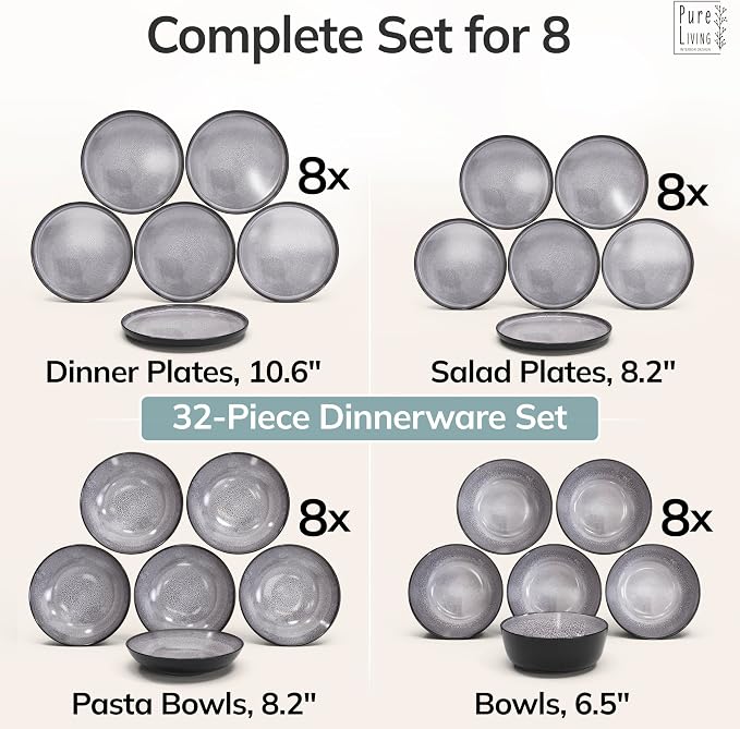 32 Piece Stoneware Dinnerware Set for 8 - Handmade Reactive Glaze Plates and Bowls Set - Chip & Scratch Resistant Dish Set - Dishwasher Microwave Safe - Dark Gray