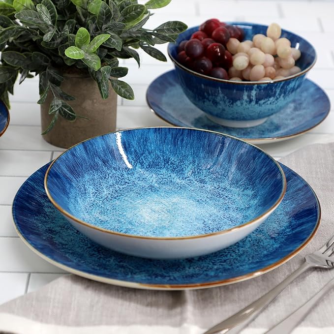 Elama Oceanus 16 Piece Round Shape Porcelain Double Bowl Dinnerware Set, Tableware Set, Table Setting- Service for 4 (Blue)