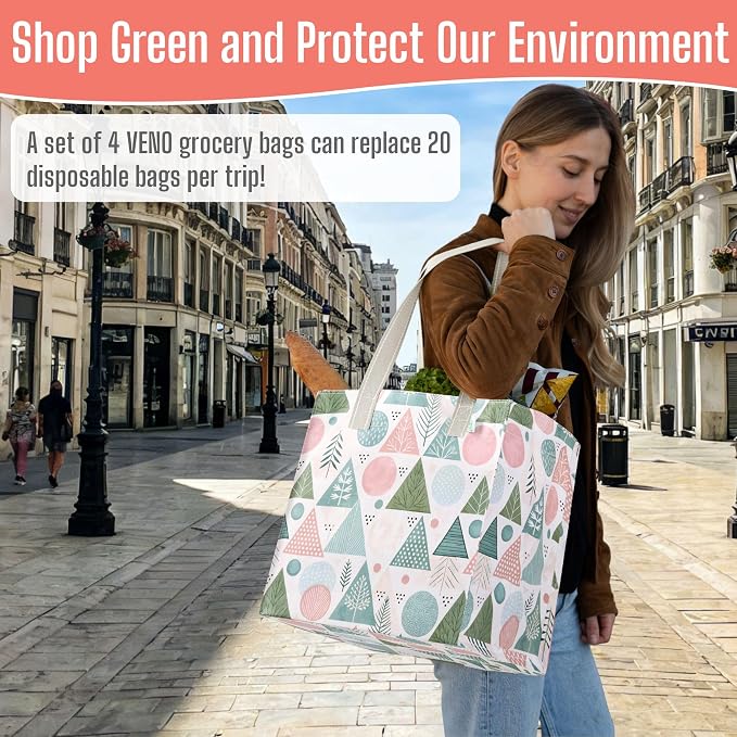VENO 4 Pack Reusable Grocery Bags, Heavy-Duty Shopping Bags with Handles, for Shopping Cart with Hard Bottom to Stand Upright, Foldable (Pastel Forest, 4 Pack)