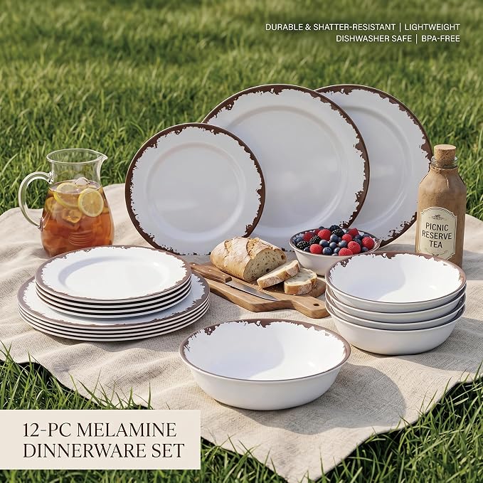 Melamine Dinnerware Set-12 Piece Farmhouse Plates and Bowls Set for 4,Lightweight&Durable Dish Set, Unbreakable Camping/RV Serving Dinner Plates, Dishwasher Safe, Off White