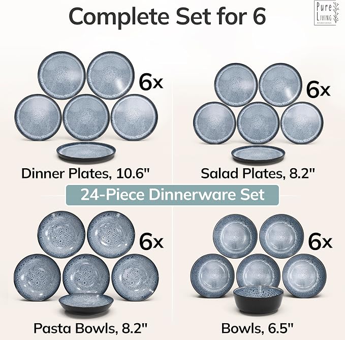 24 Piece Stoneware Dinnerware Set for 6 - Handmade Reactive Glaze Plates and Bowls Set - Chip & Scratch Resistant Dish Set - Dishwasher Microwave Safe - Dark Smoke Blue