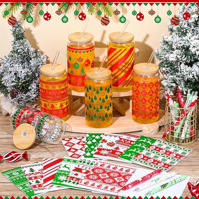 Skylety 12 Set Christmas Gifts Bulk 16 oz Red and Green Glass Cups with Lids Straws Xmas Notebook Sticky Note Pens for Employee Appreciation Women Students School Office Holiday Party Favors