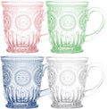 Multi-colored 10oz Glass Mugs - Set of 4 Colorful Glass Coffee Mugs – 1 each of Clear, Pink, Blue, and Green. Dishwasher Safe vintage glassware tea cups