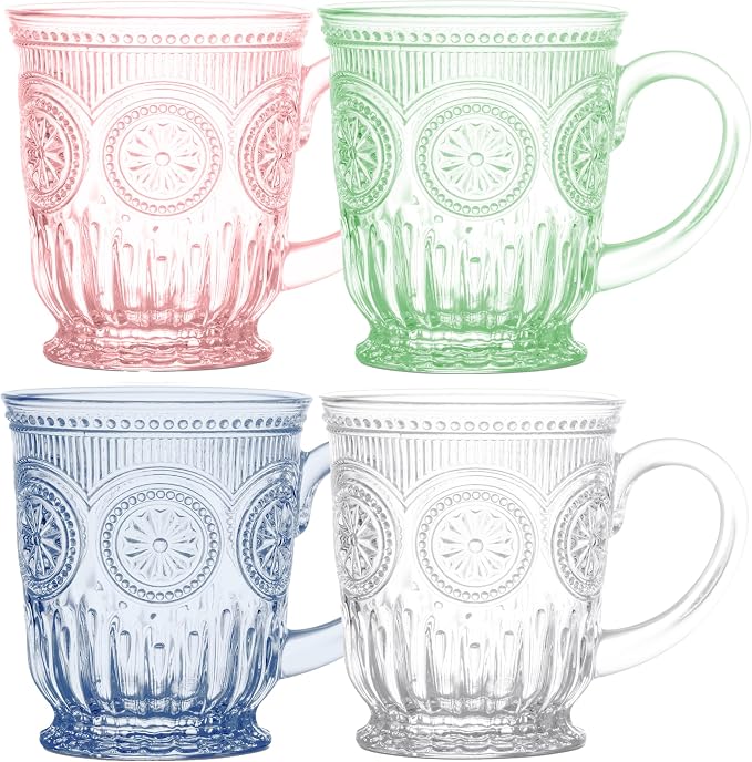 Multi-colored 10oz Glass Mugs - Set of 4 Colorful Glass Coffee Mugs – 1 each of Clear, Pink, Blue, and Green. Dishwasher Safe vintage glassware tea cups