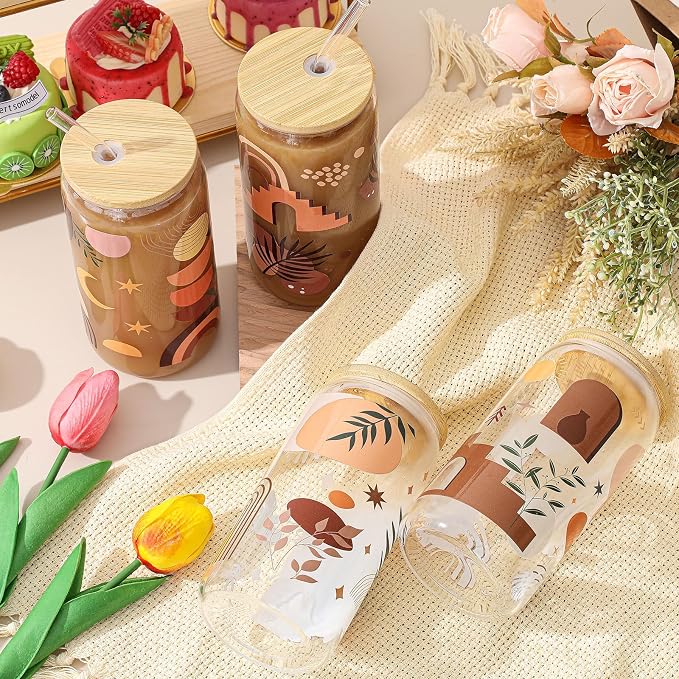 Mumufy 4 Pack Wildflower Glass Cups Gift Aesthetic Cute Glass Cup Tumbler Flower Iced Coffee Mugs 16 oz with Bamboo Lid & Straw, for Wedding Birthday Bridesmaid Mom Baby Shower