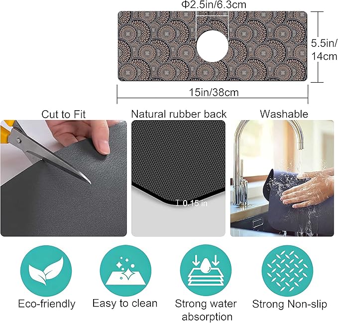 Kitchen Sink Splash Guard Faucet Mat Super Absorbent Fast Drying Mat Sink Gadgets Splash Guard Behind Faucet Drip Catcher for Kitchen (Grey, 15x5.5in)
