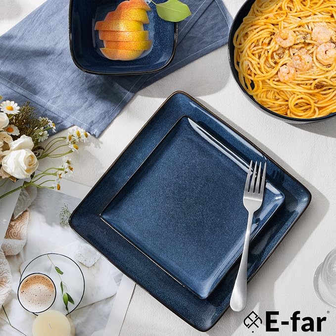 E-far Square Plates and Bowls Sets, 12-Piece Stoneware Dinnerware Sets for 4, Reactive Glaze Dish Set, Chip and Scratch Resistant, Microwave and Dishwasher Safe, Deep Sea Blue