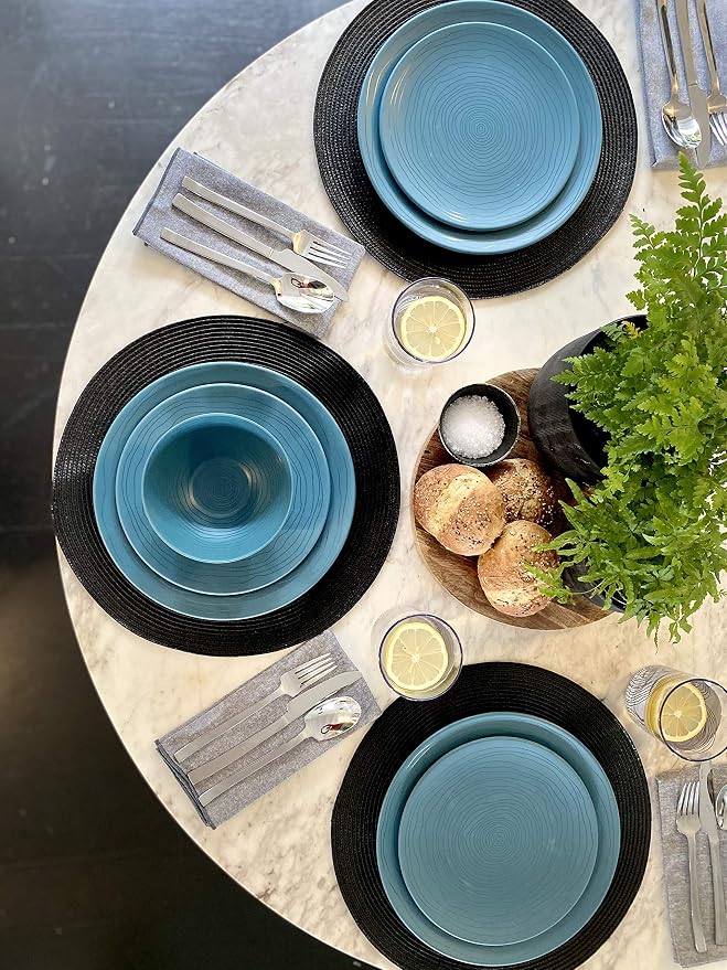 Bzyoo 12 Piece Melamine Dinnerware Set - Durable, Dishwasher Safe Plates and Bowls - Casual Dining, Parties, Blue Dish Set Organica Blue Collection
