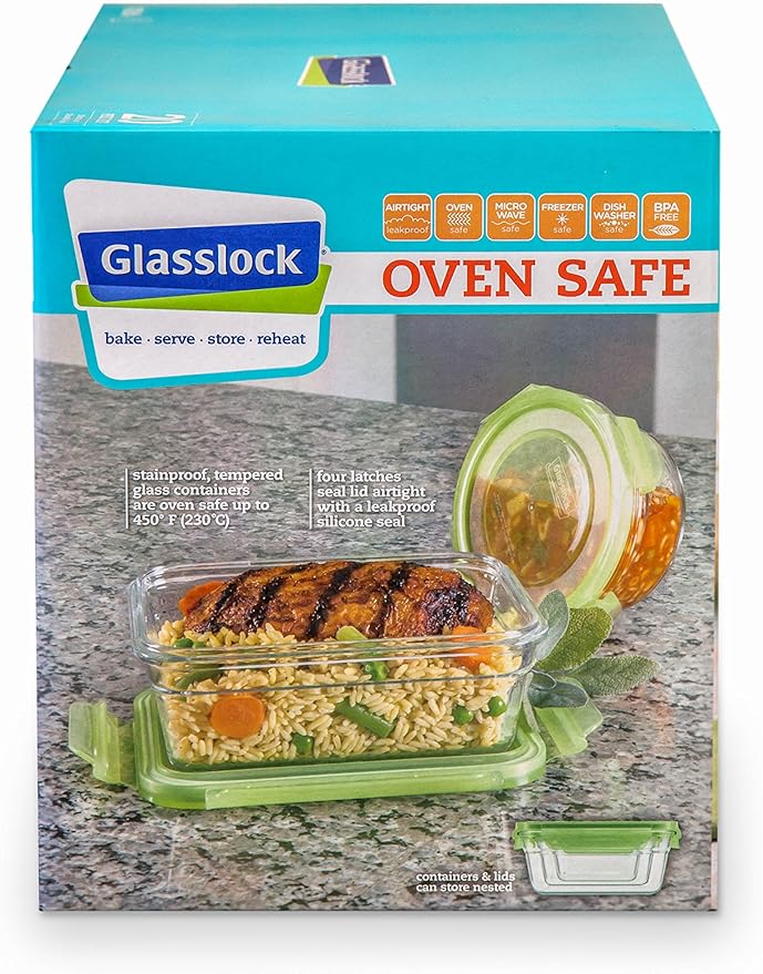 Tempered Glasslock Storage Containers 20pc set Green Lids Microwave & Oven Safe Airtight Anti Spill Proof