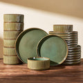 24-Piece Dinnerware Set Service for 8, Famiware Premium Stoneware Dish Set with Ribbed Plates and Deep Bowls, Double Reactive Glaze, Chip & Scratch Resistant, Microwave & Dishwasher Safe, Moss