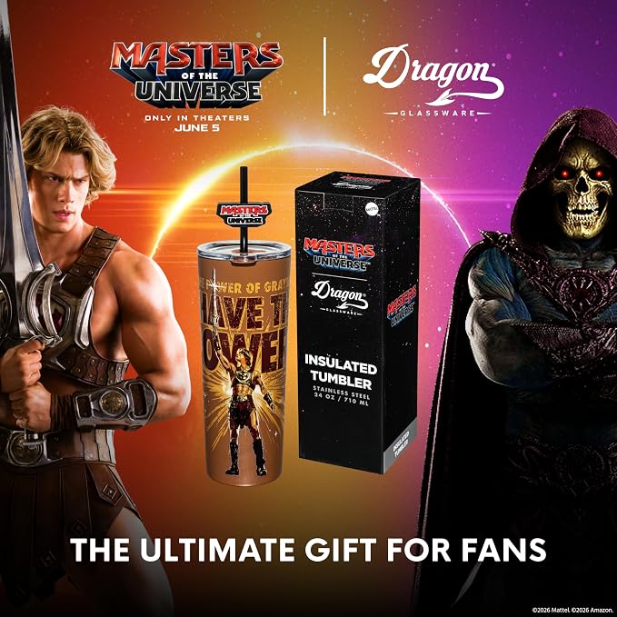 Dragon Glassware x Masters of the Universe (MOTU) Vacuum Insulated Stainless Steel Tumbler - 24 oz with Straw Charm - Official 2026 Movie Merch - I Have The Power