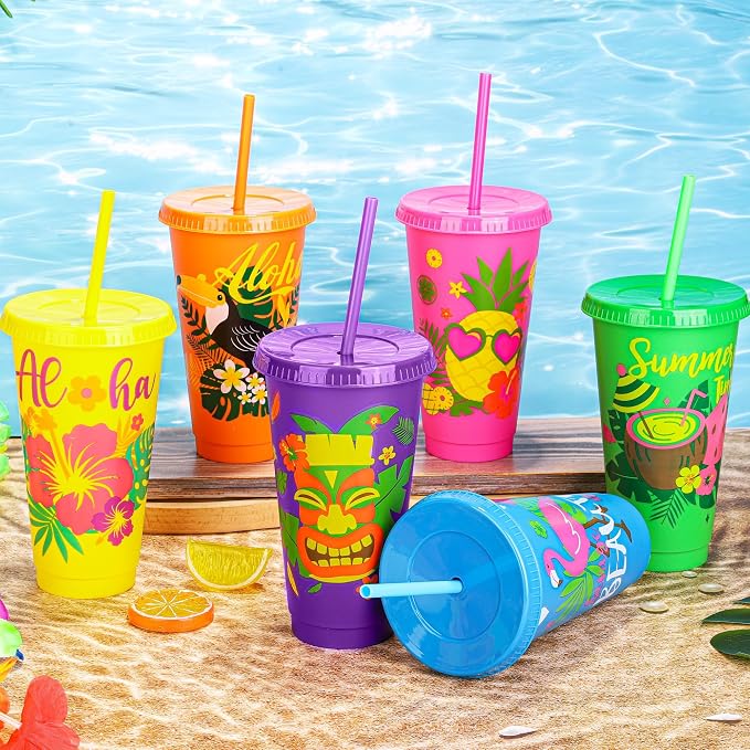 Kochorie 24 Pieces Hawaiian Plastic Cups with Lids and Straws 24 oz Reusable Party Cups Tumblers Bulk Iced Coffee Drinking Cups Water Bottle Travel Mug for Birthday
