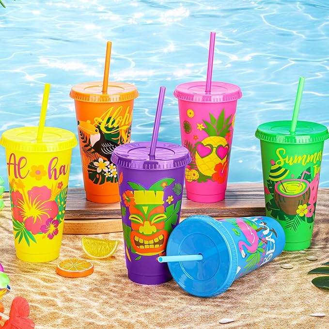 Kochorie 48 Pieces Hawaiian Plastic Cups with Lids and Straws 24 oz Reusable Party Cups Tumblers Bulk Iced Coffee Drinking Cups Water Bottle Travel Mug for Birthday