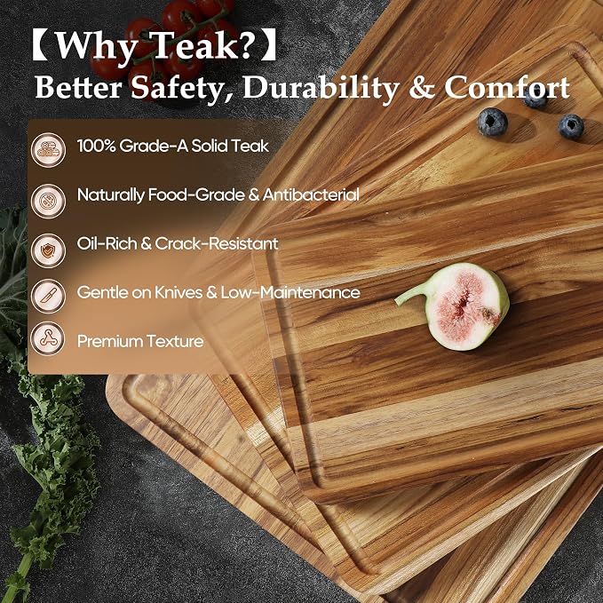 2 Pack Teak Cutting Board Set for Kitchen Wood Charcuterie Board Wooden Cutting Boards Non Toxic Heavy Duty Slip Over Sink Solid Thick Chopping Board