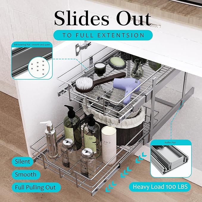 2 Tier Pull Out Cabinet Organizer 11" W X 17" D, Slide Out Drawers for Kitchen Cabinets, Pull Out Drawers for Cabinets Capacity Heavy Duty Caddy, Cabinet Pullout Shelves Chrome-Plated,Bathroom Pantry