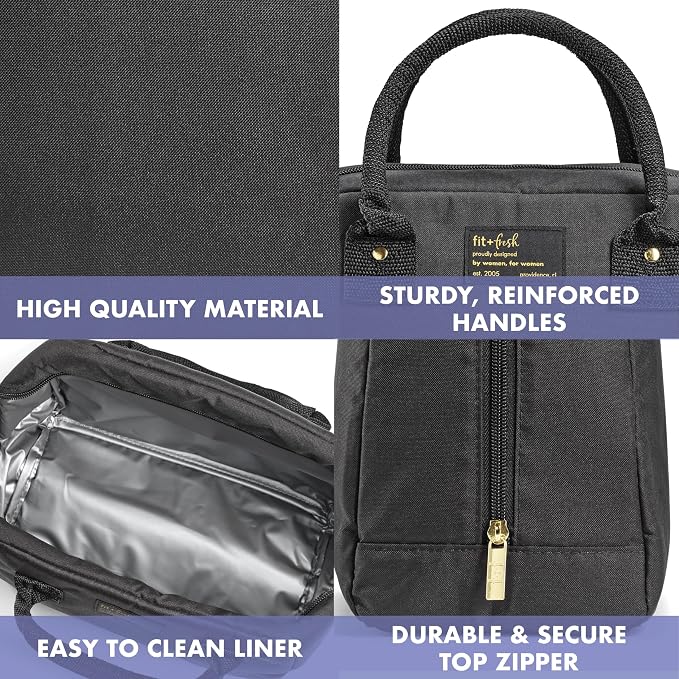 Fit & Fresh Bloomington Lunch Bag for Women - Insulated Large Lunch Box for Work with Containers, Leak-Resistant, Stain-Resistant, Zipper Closure, Black