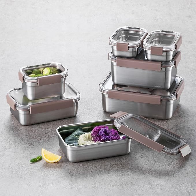 LocknLock Stainless Steel Food Storage Containers with Lids, Metal Lunch Boxes, Leak-Proof, Microwave, Freezer and Dishwasher Safe, 3-Piece Set, 1 x 520ml and 1 x 1500ml and 1 x 2800ml
