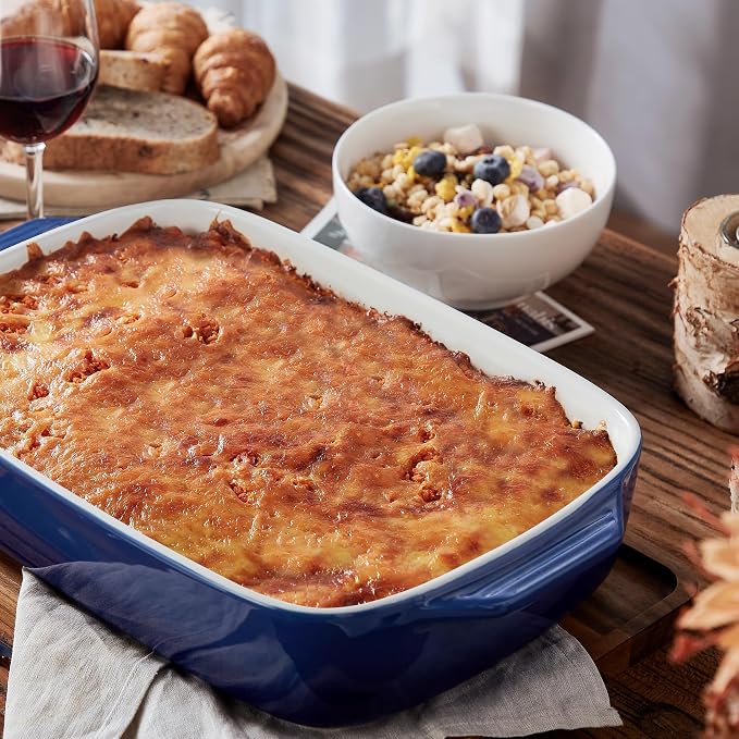 Lareina Large Ceramic Casserole Dish with Lid, 4.0 Quart Covered Rectangular Stoneware Baking Dishes for Oven, Deep 9x13 Inch Lasagna Pans for Baking and Serving, Perfect for Christmas, Blue