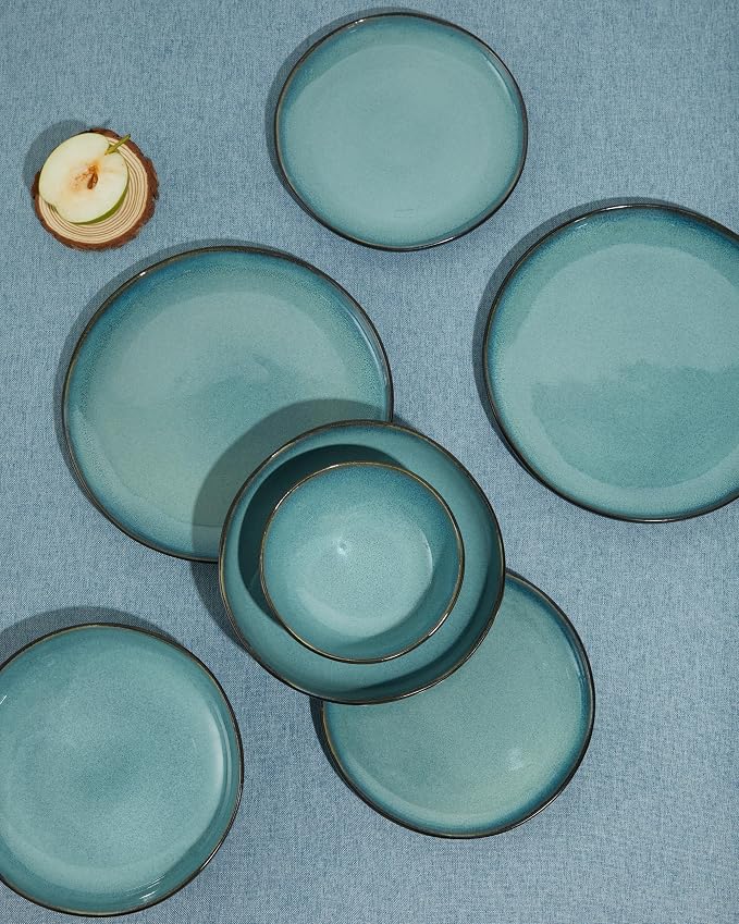 Pokini Stoneware Dinnerware Sets, Kitchen Plates and Bowls Set, Ceramic Dish Set for 4, Modern Chip & Scratch Resistant Dishware Sets, Durable Reactive Glaze Dinner Set, Green Black